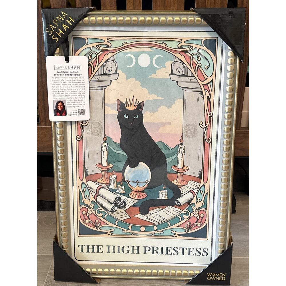 New Sapna Shah High Priestess Cat Tarot Card Astrology Boho Hippie Framed Art